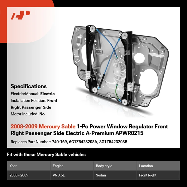 2008-2009 Mercury Sable 1-Pc Power Window Regulator Front Right Passenger Side Electric A-Premium APWR0215