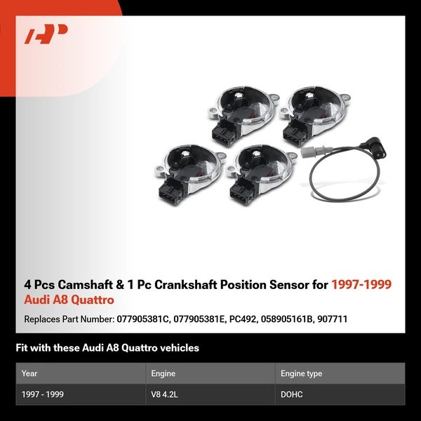 4 Pcs Camshaft & 1 Pc Crankshaft Position Sensor for 1997-1999 Audi A8 Quattro