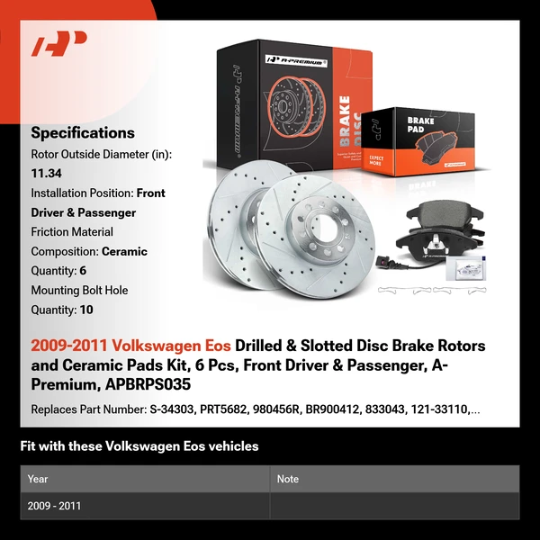 2009-2011 Volkswagen Eos Drilled & Slotted Disc Brake Rotors and Ceramic Pads Kit, 6 Pcs, Front Driver & Passenger, A-Premium, APBRPS035