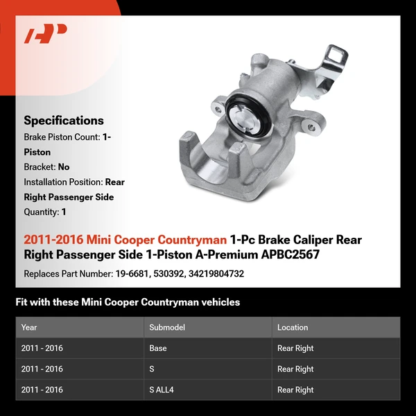 2011-2016 Mini Cooper Countryman 1-Pc Brake Caliper Rear Right Passenger Side 1-Piston A-Premium APBC2567