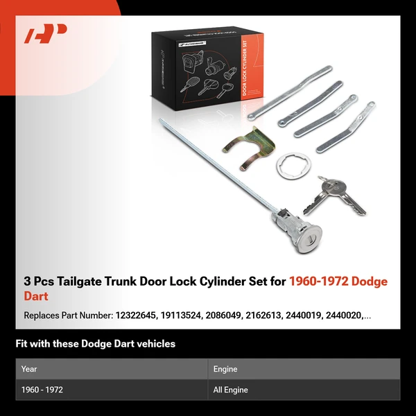 3 Pcs Tailgate Trunk Door Lock Cylinder Set for 1960-1972 Dodge Dart