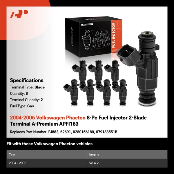 2004-2006 Volkswagen Phaeton 8-Pc Fuel Injector 2-Blade Terminal A-Premium APFI163