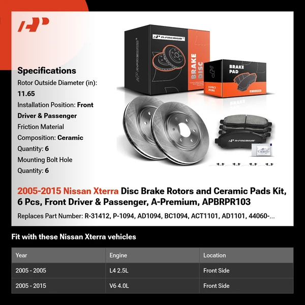 2005-2015 Nissan Xterra Disc Brake Rotors and Ceramic Pads Kit, 6 Pcs, Front Driver & Passenger, A-Premium, APBRPR103