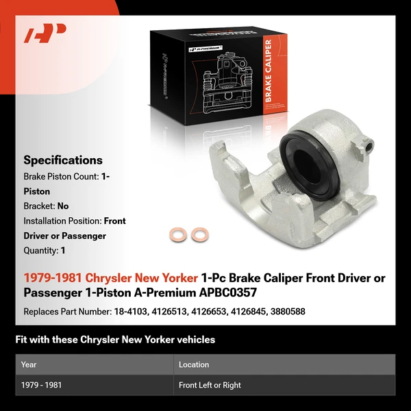 1979-1981 Chrysler New Yorker 1-Pc Brake Caliper Front Driver or Passenger 1-Piston A-Premium APBC0357