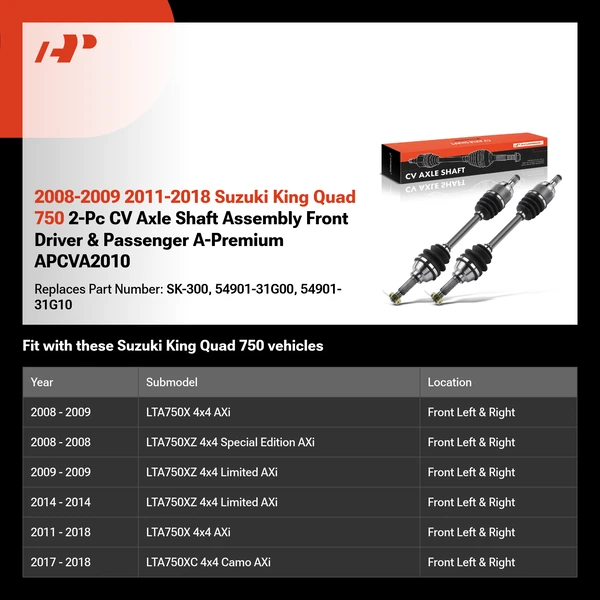 2008-2009 2011-2018 Suzuki King Quad 750 2-Pc CV Axle Shaft Assembly Front Driver & Passenger A-Premium APCVA2010