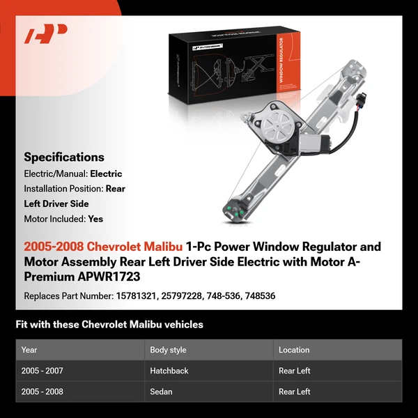 2005-2008 Chevrolet Malibu 1-Pc Power Window Regulator and Motor Assembly Rear Left Driver Side Electric with Motor A-Premium APWR1723