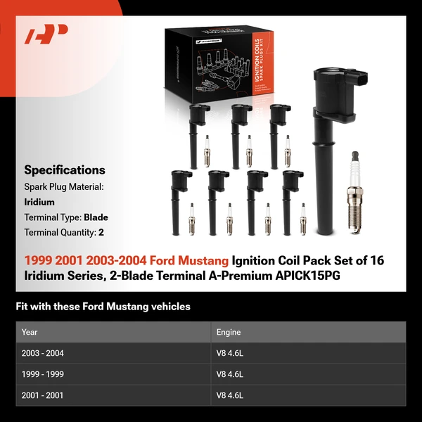 1999 2001 2003-2004 Ford Mustang Ignition Coil Pack Set of 16 Iridium Series, 2-Blade Terminal A-Premium APICK15PG