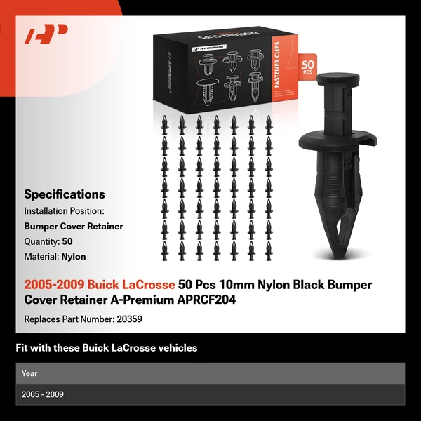 2005-2009 Buick LaCrosse 50 Pcs 10mm Nylon Black Bumper Cover Retainer A-Premium APRCF204