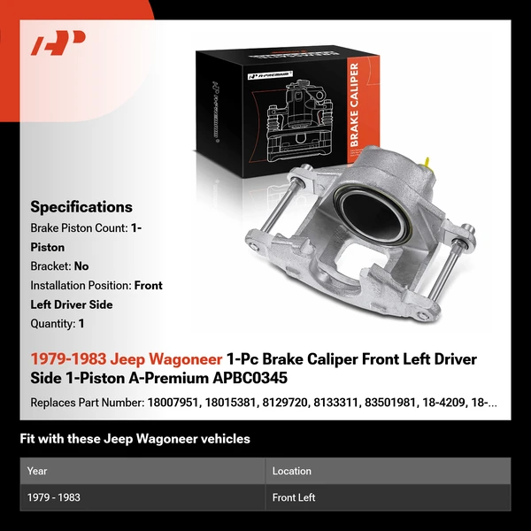 1979-1983 Jeep Wagoneer 1-Pc Brake Caliper Front Left Driver Side 1-Piston A-Premium APBC0345