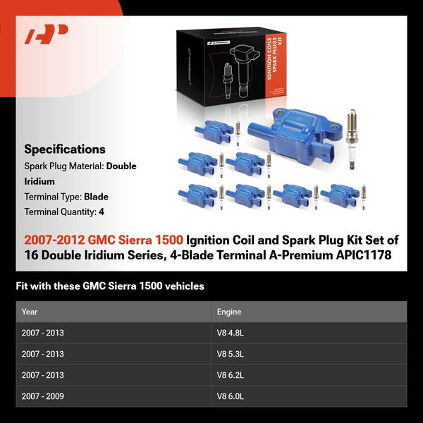 2007-2012 GMC Sierra 1500 Ignition Coil and Spark Plug Kit Set of 16 Double Iridium Series, 4-Blade Terminal A-Premium APIC1178
