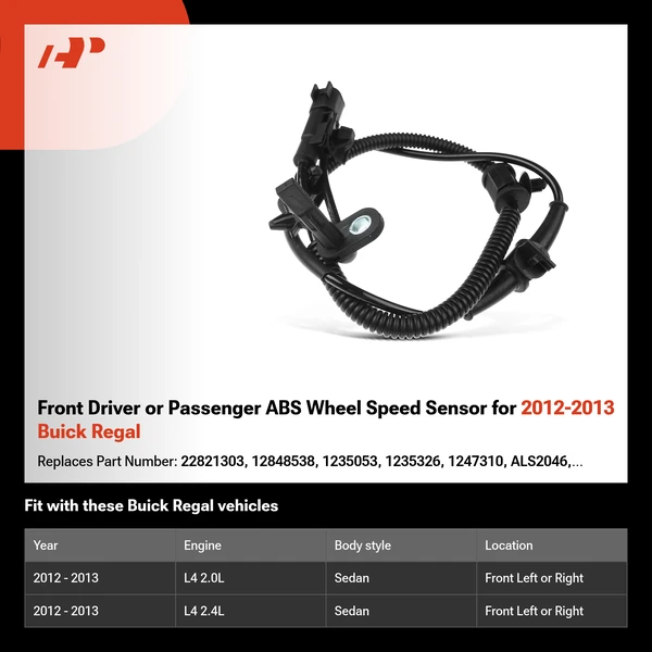 Front Driver or Passenger ABS Wheel Speed Sensor for 2012-2013 Buick Regal