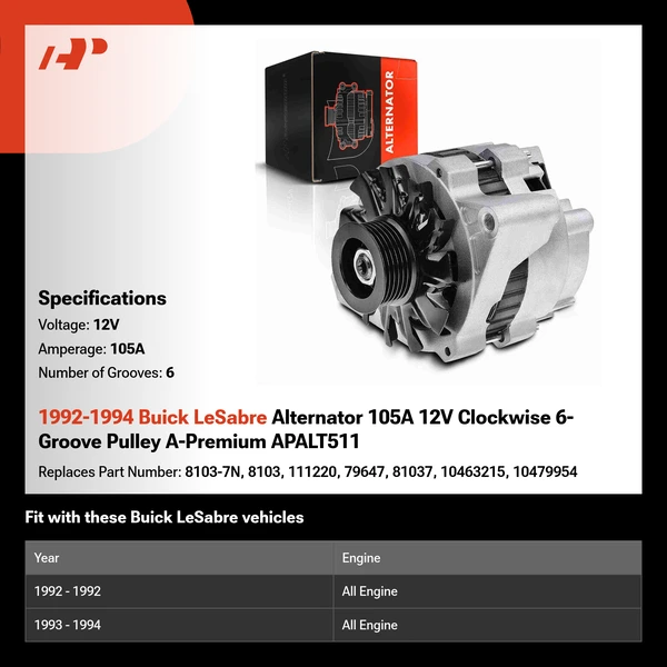 1992-1994 Buick LeSabre Alternator 105A 12V Clockwise 6-Groove Pulley A-Premium APALT511