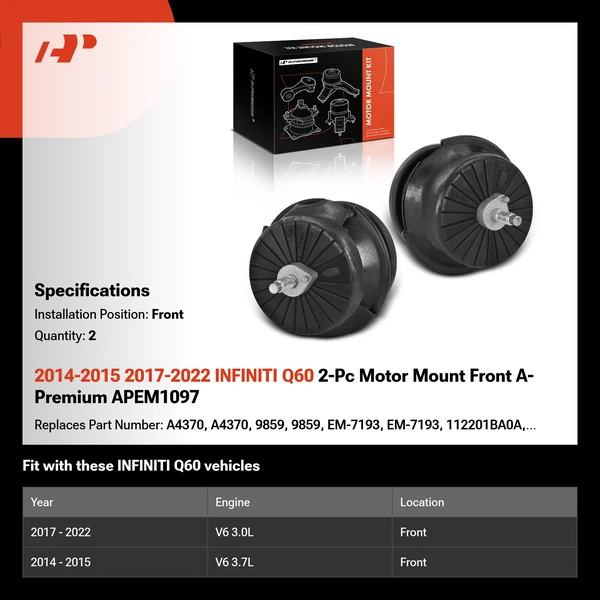 2014-2015 2017-2022 INFINITI Q60 2-Pc Motor Mount Front A-Premium APEM1097