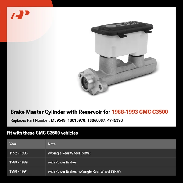 Brake Master Cylinder with Reservoir for 1988-1993 GMC C3500