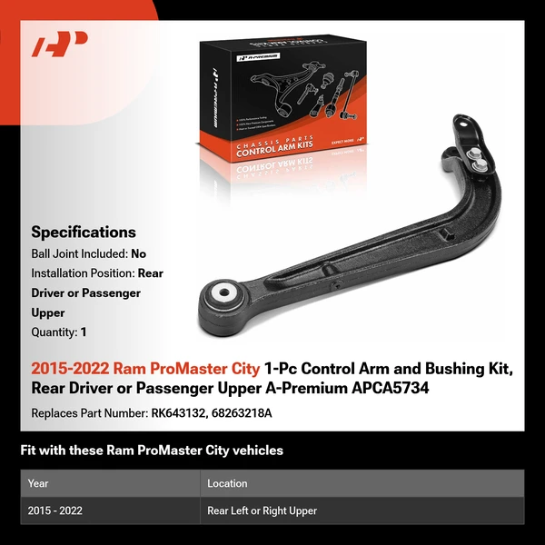 2015-2022 Ram ProMaster City 1-Pc Control Arm and Bushing Kit, Rear Driver or Passenger Upper A-Premium APCA5734