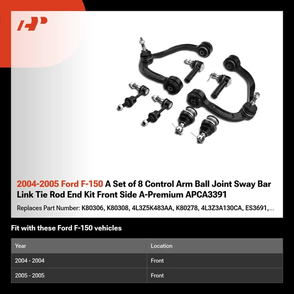 2004-2005 Ford F-150 A Set of 8 Control Arm Ball Joint Sway Bar Link Tie Rod End Kit Front Side A-Premium APCA3391