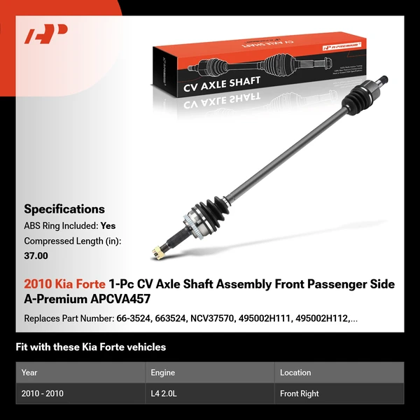 2010 Kia Forte 1-Pc CV Axle Shaft Assembly Front Passenger Side A-Premium APCVA457