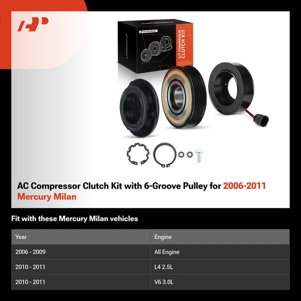 AC Compressor Clutch Kit with 6-Groove Pulley for 2006-2011 Mercury Milan