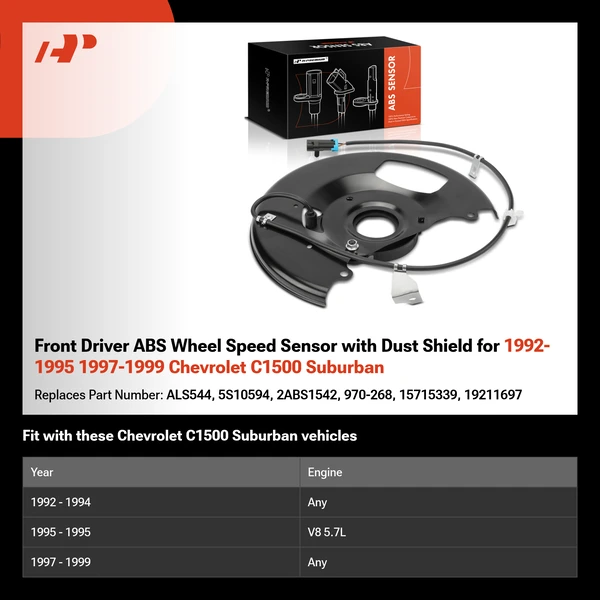 Front Driver ABS Wheel Speed Sensor with Dust Shield for 1992-1995 1997-1999 Chevrolet C1500 Suburban