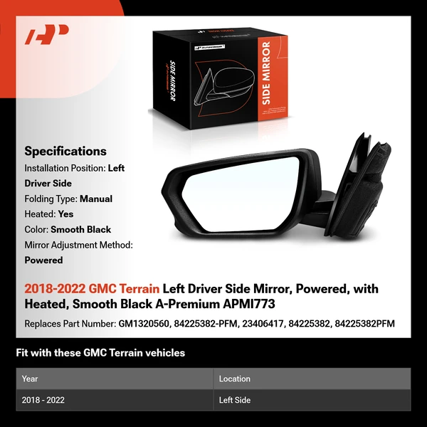 2018-2022 GMC Terrain Left Driver Side Mirror, Powered, with Heated, Smooth Black A-Premium APMI773