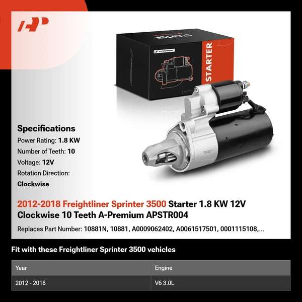 2012-2018 Freightliner Sprinter 3500 Starter 1.8 KW 12V Clockwise 10 Teeth A-Premium APSTR004