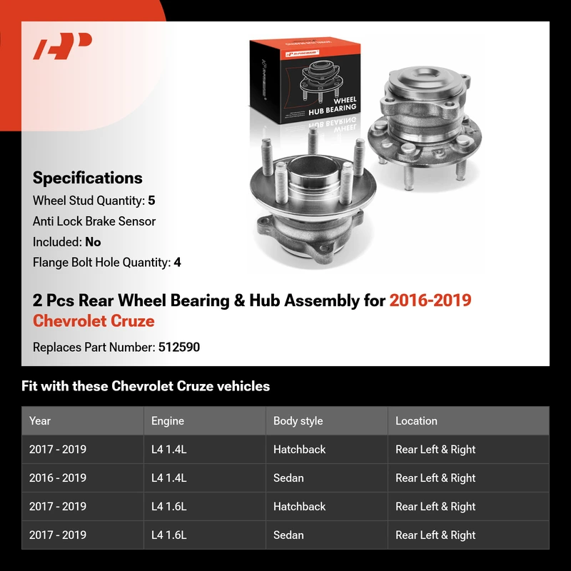 2 Pcs Rear Wheel Bearing & Hub Assembly for 2016-2019 Chevrolet Cruze