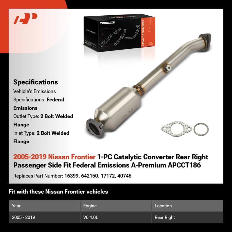 2005-2019 Nissan Frontier 1-PC Catalytic Converter Rear Right Passenger Side Fit Federal Emissions A-Premium APCCT186
