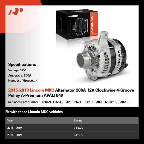 2015-2019 Lincoln MKC Alternator 200A 12V Clockwise 4-Groove Pulley A-Premium APALT849