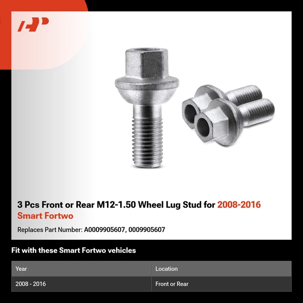 3 Pcs Front or Rear M12-1.50 Wheel Lug Stud for 2008-2016 Smart Fortwo