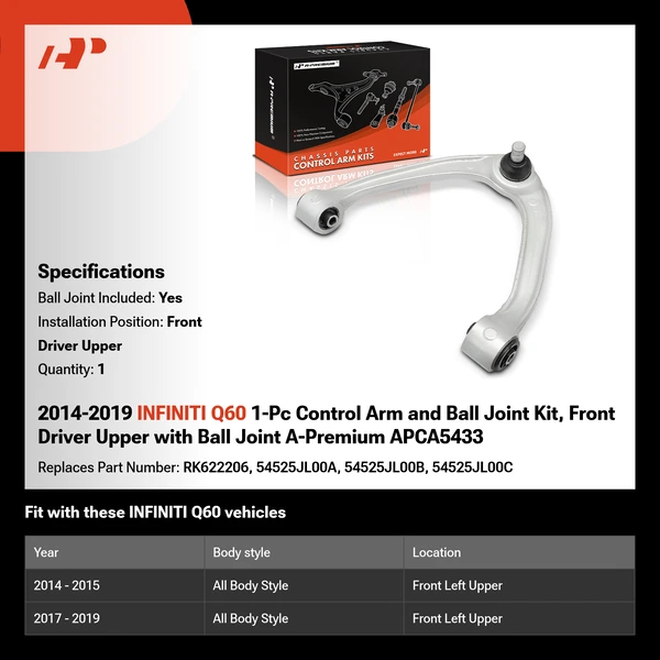 2014-2019 INFINITI Q60 1-Pc Control Arm and Ball Joint Kit, Front Driver Upper with Ball Joint A-Premium APCA5433
