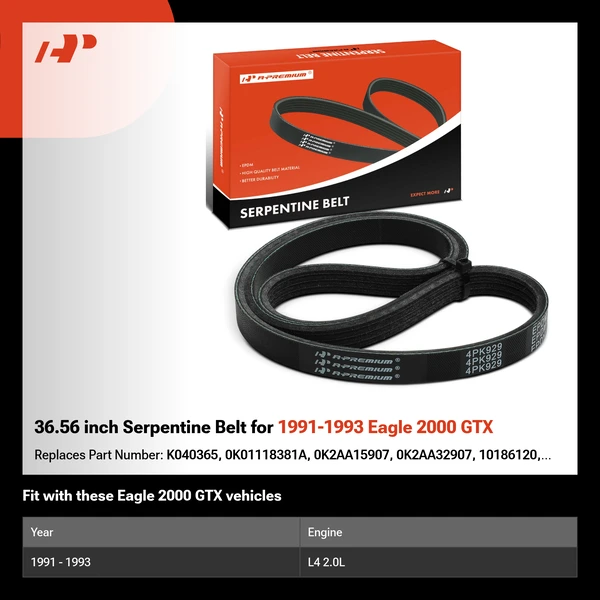 36.56 inch Serpentine Belt for 1991-1993 Eagle 2000 GTX
