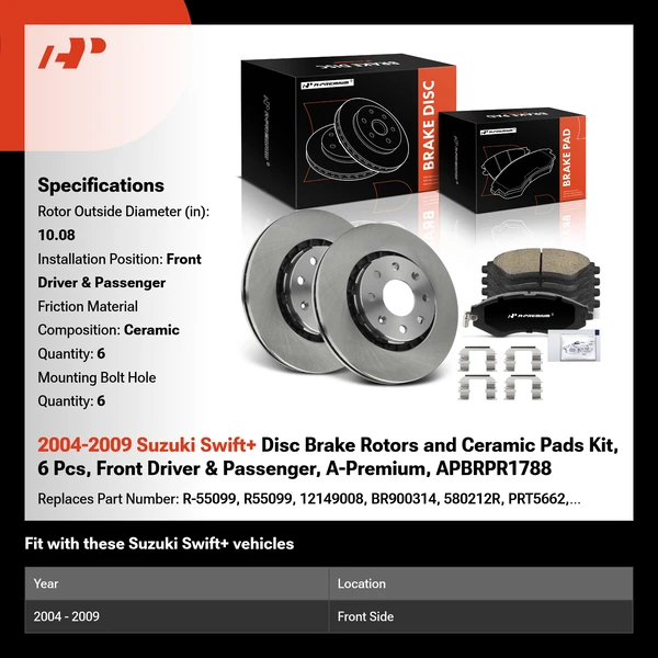 2004-2009 Suzuki Swift+ Disc Brake Rotors and Ceramic Pads Kit, 6 Pcs, Front Driver & Passenger, A-Premium, APBRPR1788