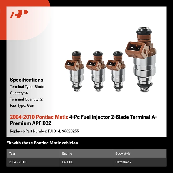 2004-2010 Pontiac Matiz 4-Pc Fuel Injector 2-Blade Terminal A-Premium APFI032