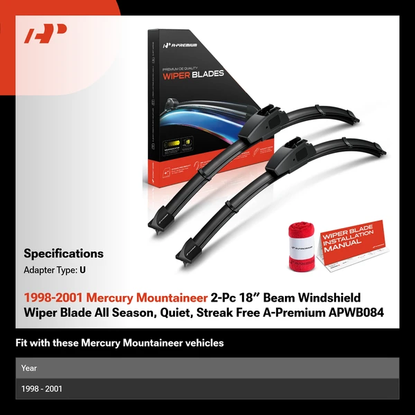 1998-2001 Mercury Mountaineer 2-Pc 18″ Beam Windshield Wiper Blade All Season, Quiet, Streak Free A-Premium APWB084