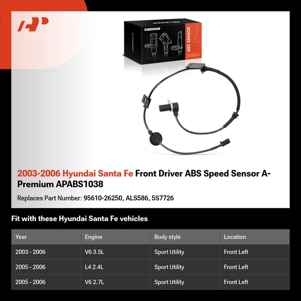 2003-2006 Hyundai Santa Fe Front Driver ABS Speed Sensor A-Premium APABS1038