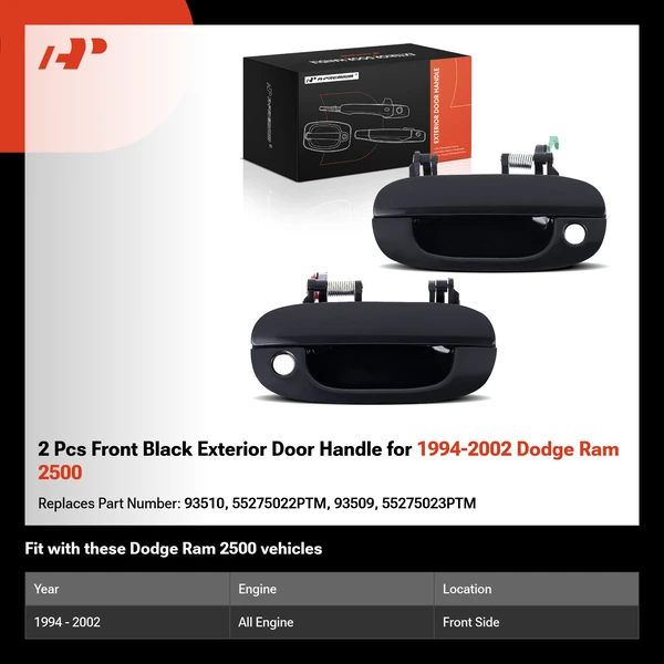 2 Pcs Front Black Exterior Door Handle for 1994-2002 Dodge Ram 2500