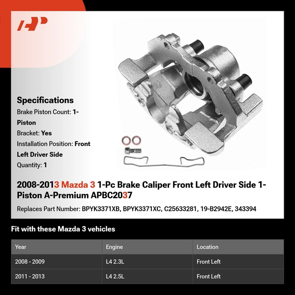 2008-2013 Mazda 3 1-Pc Brake Caliper Front Left Driver Side 1-Piston A-Premium APBC2037