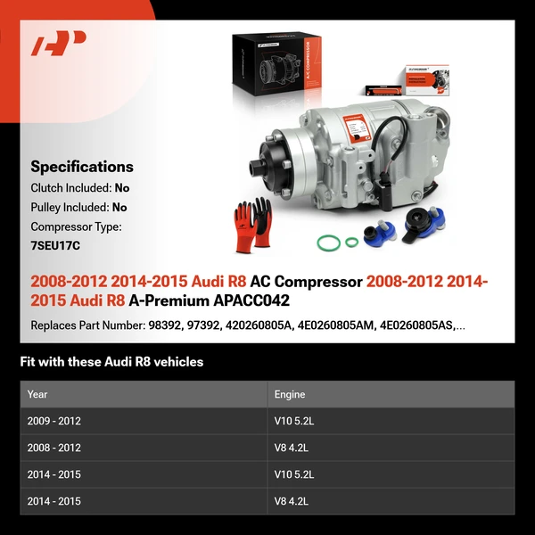 2008-2012 2014-2015 Audi R8 AC Compressor 2008-2012 2014-2015 Audi R8 A-Premium APACC042