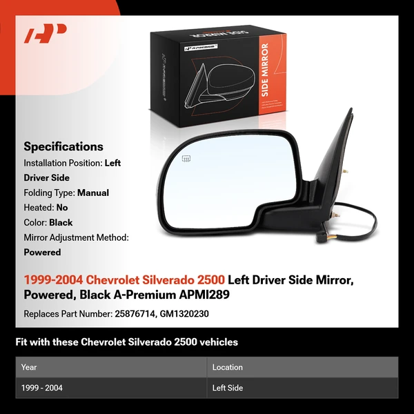 1999-2004 Chevrolet Silverado 2500 Left Driver Side Mirror, Powered, Black A-Premium APMI289