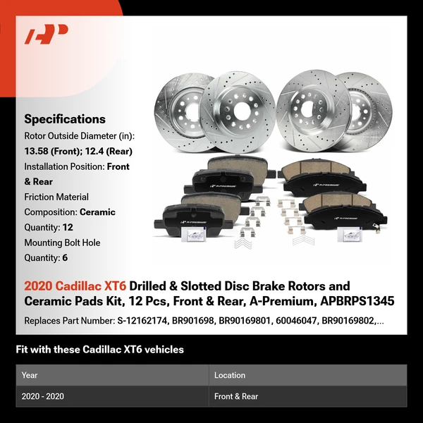 2020 Cadillac XT6 Drilled & Slotted Disc Brake Rotors and Ceramic Pads Kit, 12 Pcs, Front & Rear, A-Premium, APBRPS1345