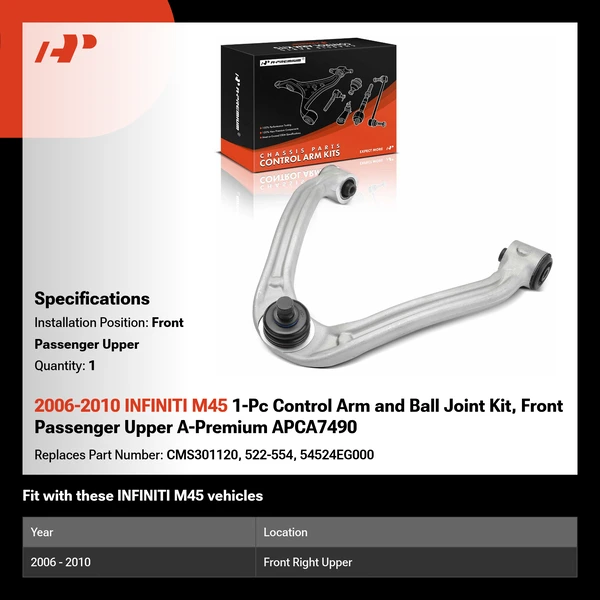2006-2010 INFINITI M45 1-Pc Control Arm and Ball Joint Kit, Front Passenger Upper A-Premium APCA7490