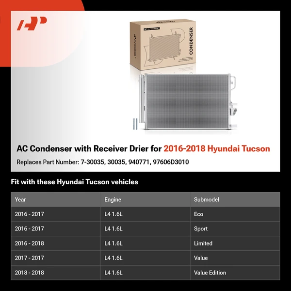 AC Condenser with Receiver Drier for 2016-2018 Hyundai Tucson
