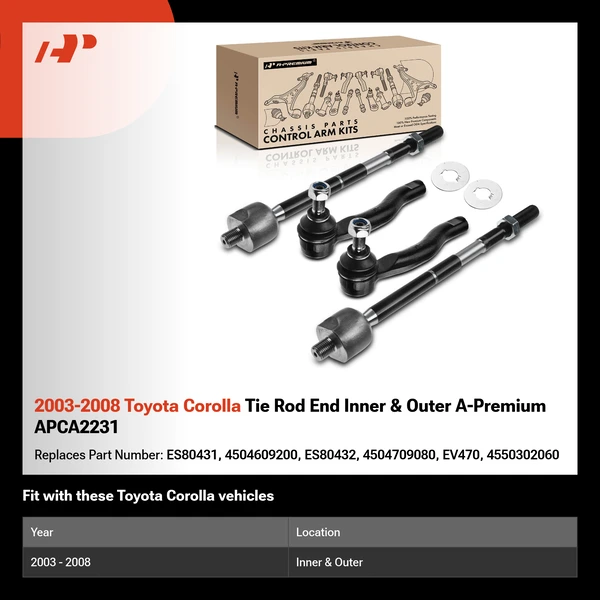 2003-2008 Toyota Corolla Tie Rod End Inner & Outer A-Premium APCA2231