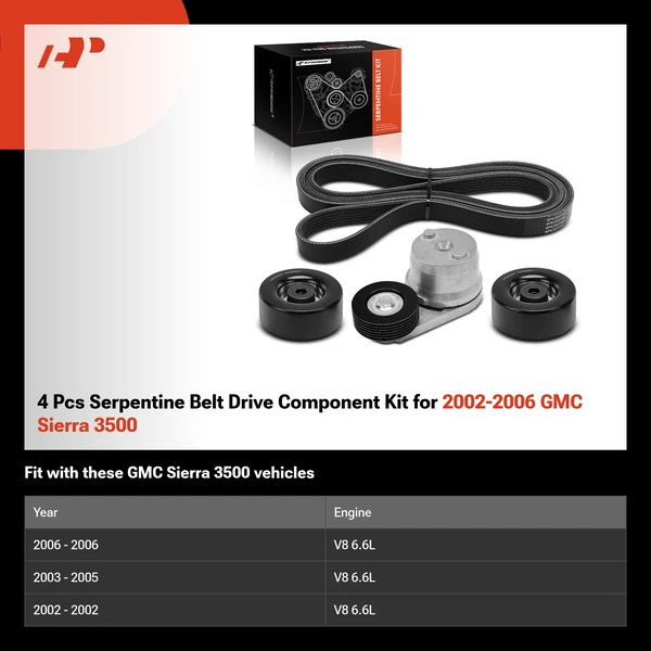 4 Pcs Serpentine Belt Drive Component Kit for 2002-2006 GMC Sierra 3500