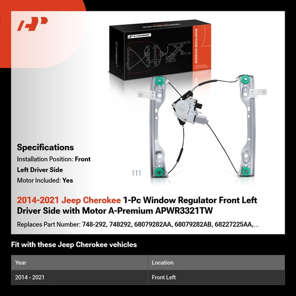 2014-2021 Jeep Cherokee 1-Pc Window Regulator Front Left Driver Side with Motor A-Premium APWR3321TW