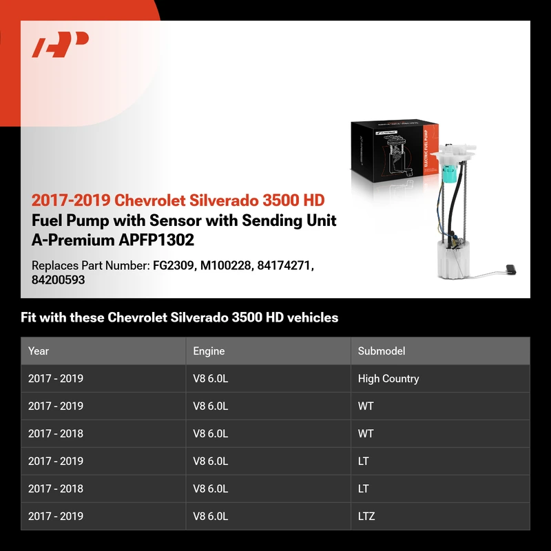 2017-2019 Chevrolet Silverado 3500 HD Fuel Pump with Sensor with Sending Unit A-Premium APFP1302