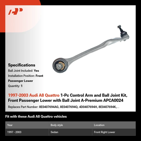 1997-2003 Audi A8 Quattro 1-Pc Control Arm and Ball Joint Kit, Front Passenger Lower with Ball Joint A-Premium APCA0024