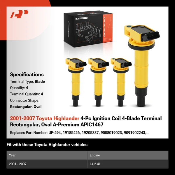 2001-2007 Toyota Highlander 4-Pc Ignition Coil 4-Blade Terminal Rectangular, Oval A-Premium APIC1467