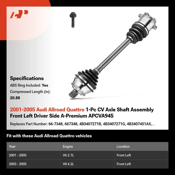 2001-2005 Audi Allroad Quattro 1-Pc CV Axle Shaft Assembly Front Left Driver Side A-Premium APCVA945