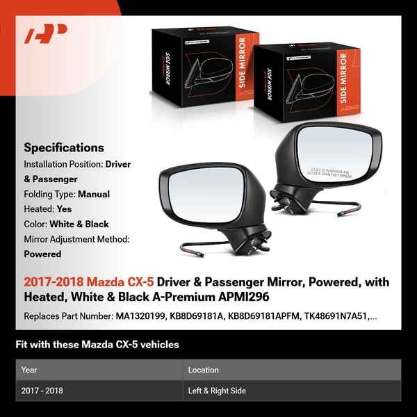 2017-2018 Mazda CX-5 Driver & Passenger Mirror, Powered, with Heated, White & Black A-Premium APMI296